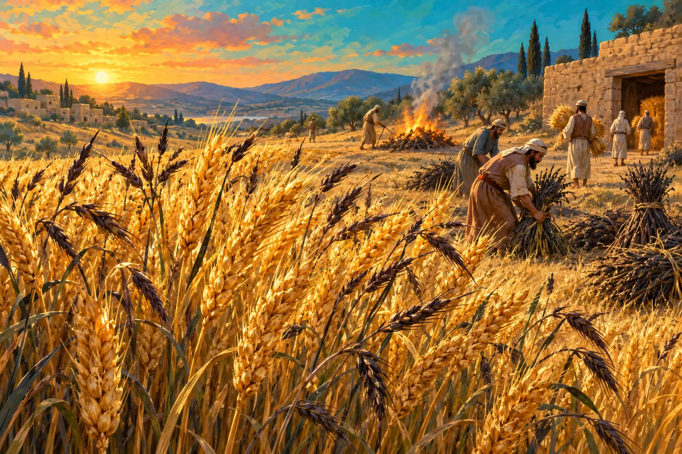 An illustration of a wheat field at harvest, golden wheat mixed with darker weeds, as reapers bind the weeds for burning and carry wheat to a barn