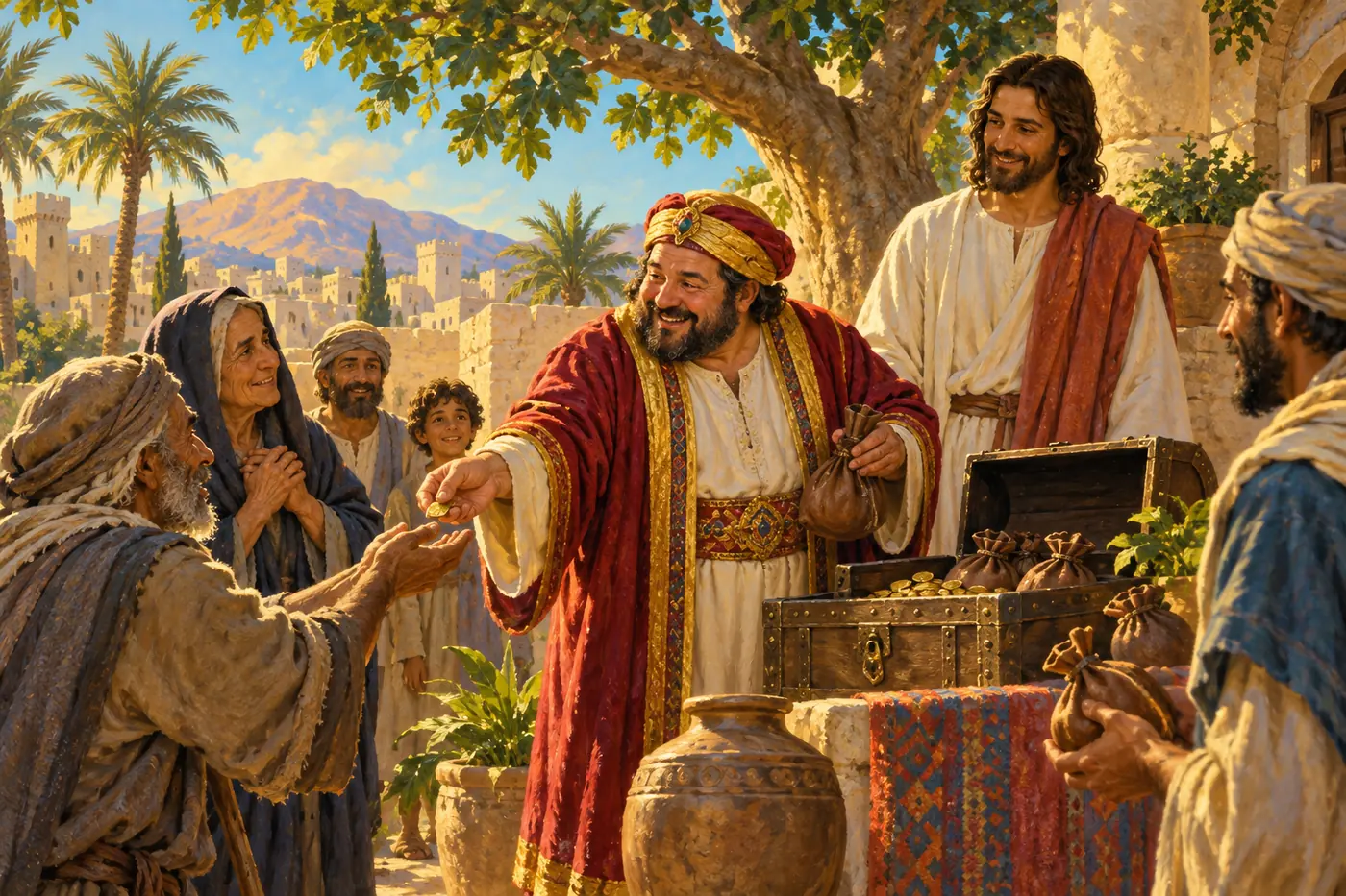 An illustration of Zacchaeus in fine robes handing coins back to poor villagers in the courtyard of his house in Jericho while Jesus looks on